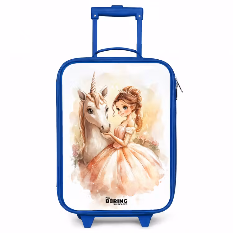 Prinses in jurk met witte eenhoorn Kinderkoffer - Blauw klein -3d