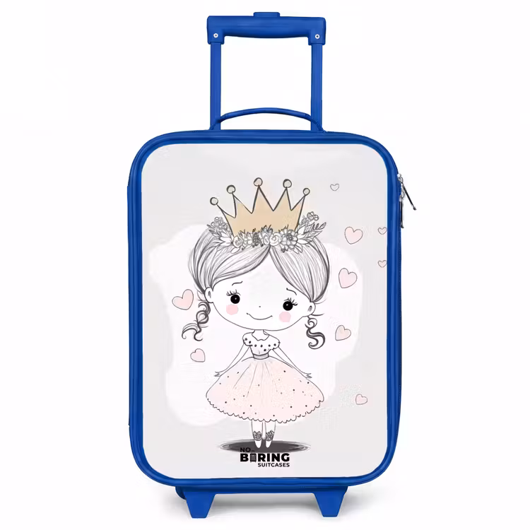 Prinses met kroon en roze hartjes Kinderkoffer - Blauw klein -3d