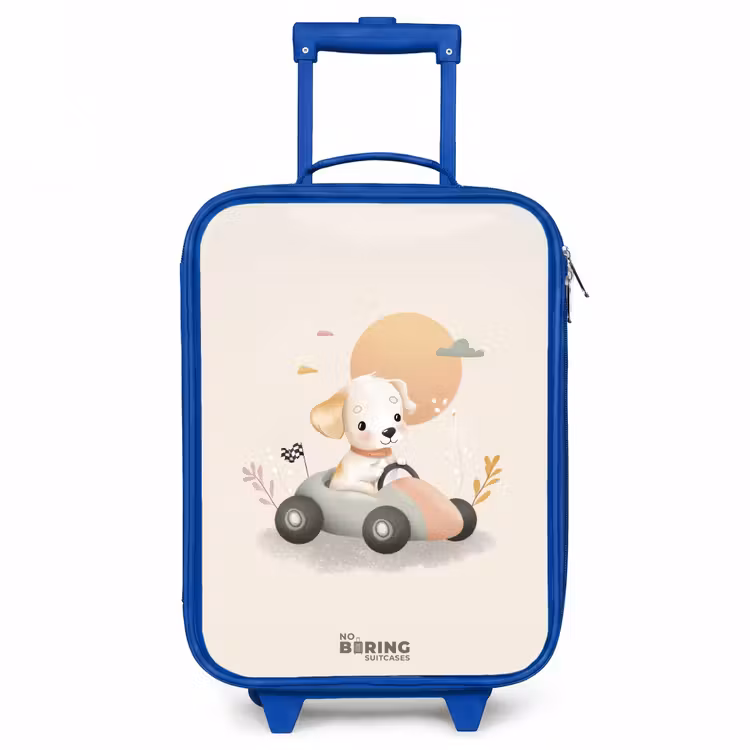Puppy in een raceauto in beige kleuren Kinderkoffer - Blauw klein -3d