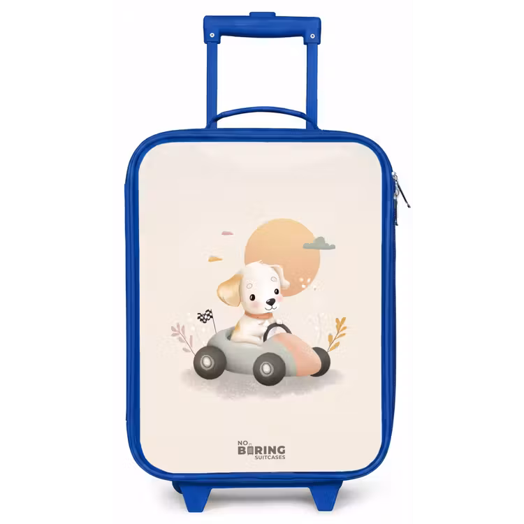 Puppy in een raceauto in beige kleuren Kinderkoffer - Blauw klein -zz3dotto