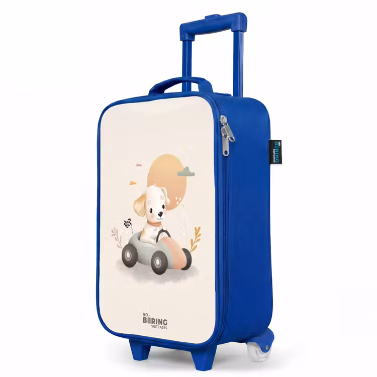 Puppy in een raceauto in beige kleuren Kinderkoffer - Blauw klein -productfoto_schuin