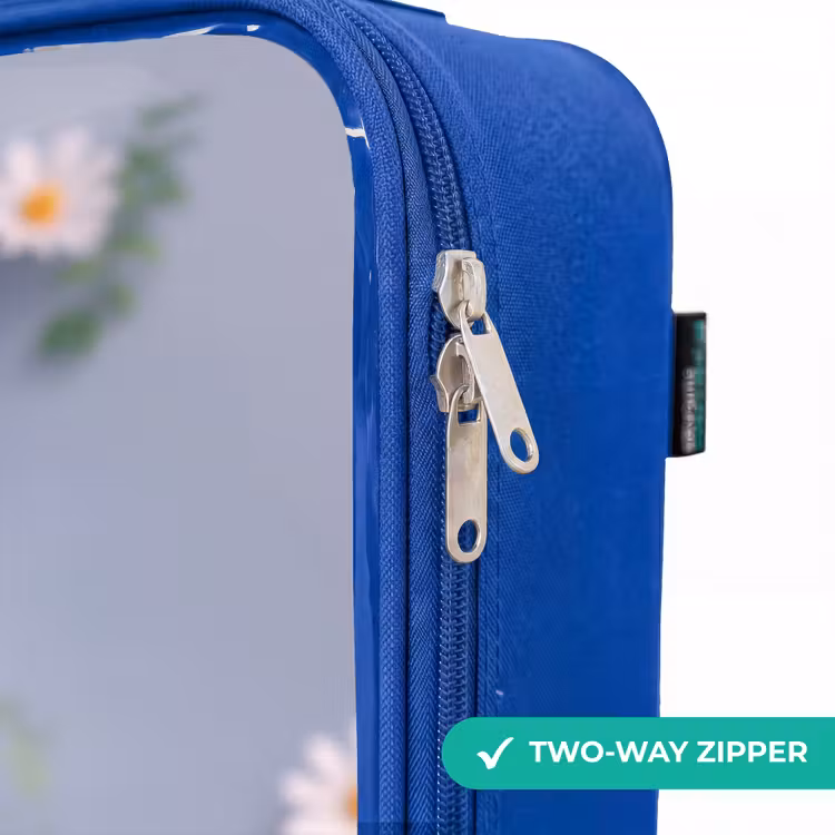 Paars Pluizig Vriendje met Madelief Kinderkoffer - Blauw klein -rits_EN
