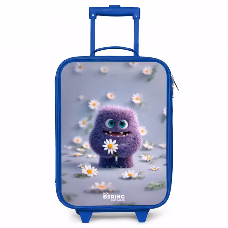 Paars Pluizig Vriendje met Madelief Kinderkoffer - Blauw klein -3d