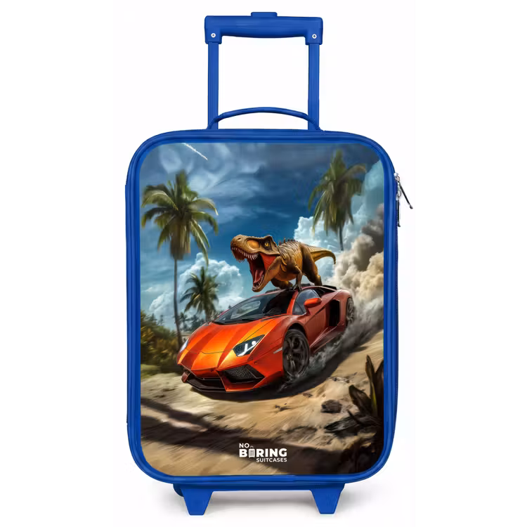 Rode sportauto met dino raast door tropisch strand Kinderkoffer - Blauw klein -zz3dotto