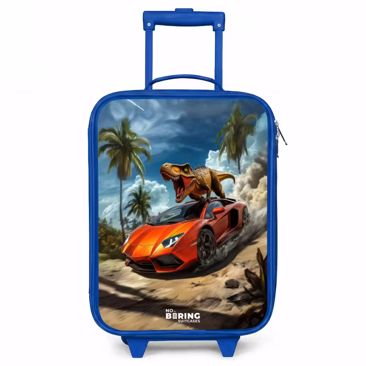 Rode sportauto met dino raast door tropisch strand Kinderkoffer - Blauw klein -3d
