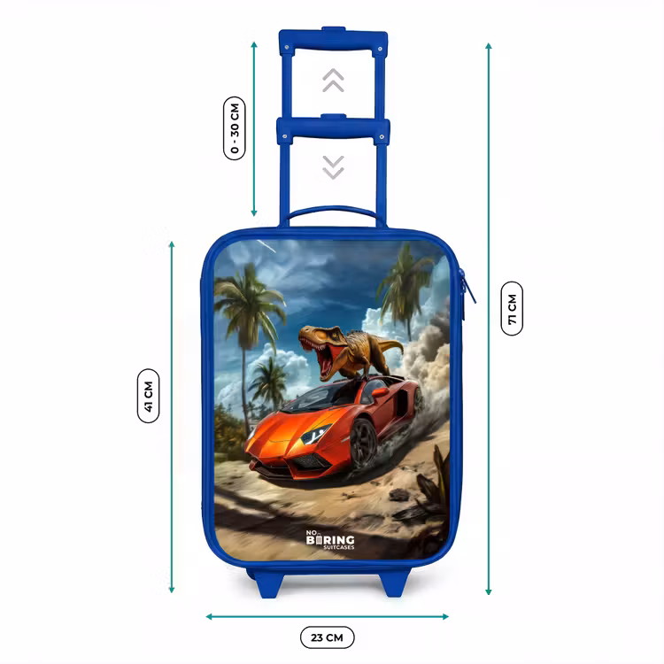 Rode sportauto met dino raast door tropisch strand Kinderkoffer - Blauw klein -productfoto_formaten