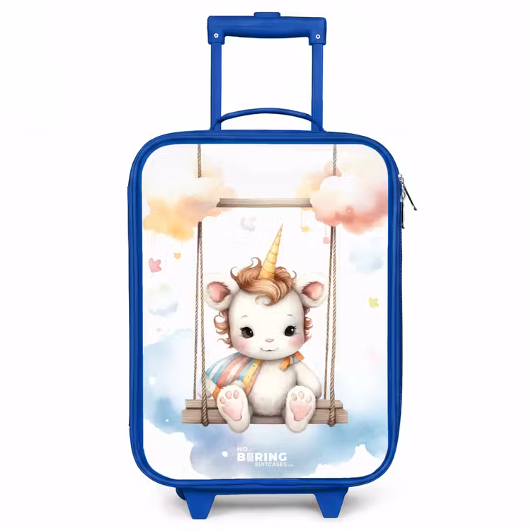 Schommelende baby eenhoorn Kinderkoffer - Blauw klein -3d