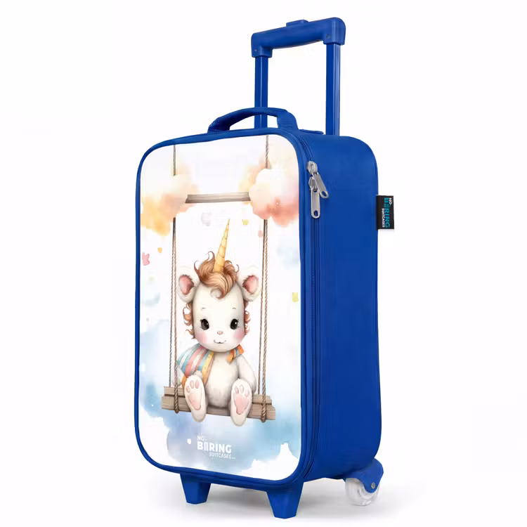 Schommelende baby eenhoorn Kinderkoffer - Blauw klein -productfoto_schuin