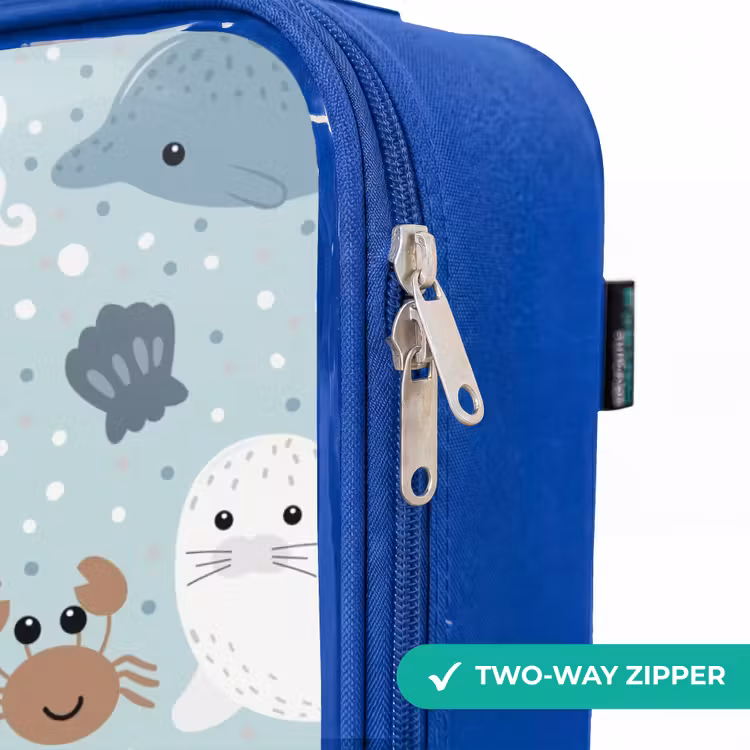 Zeedierenpatroon met dolfijnen, zeehonden en krabben Kinderkoffer - Blauw klein -rits_EN