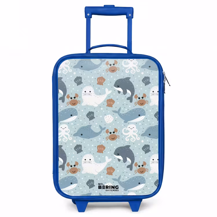 Zeedierenpatroon met dolfijnen, zeehonden en krabben Kinderkoffer - Blauw klein -3d