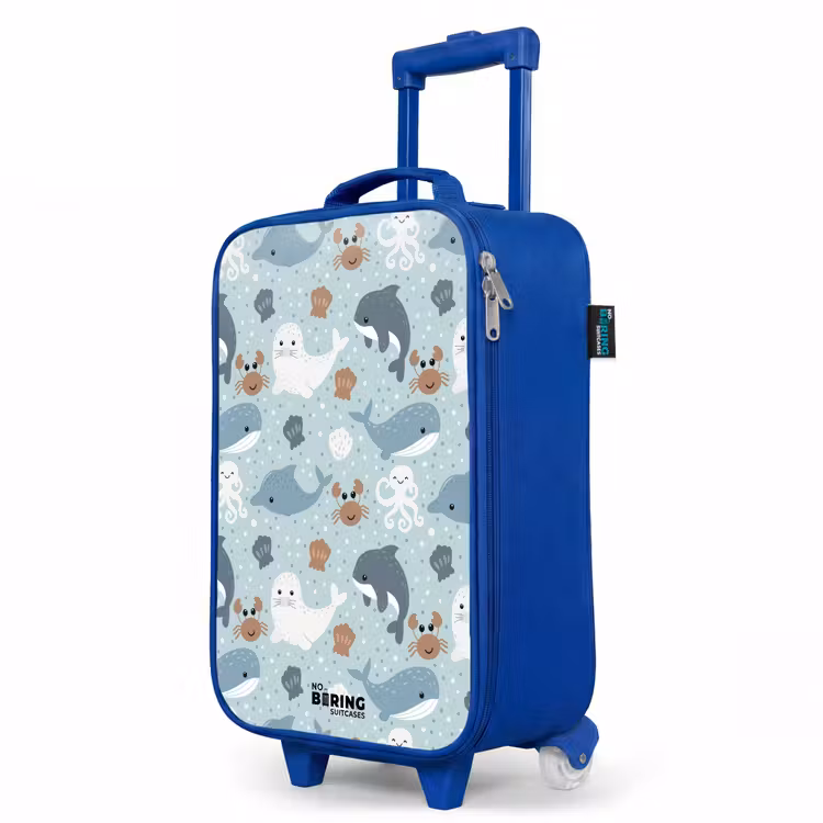 Zeedierenpatroon met dolfijnen, zeehonden en krabben Kinderkoffer - Blauw klein -productfoto_schuin