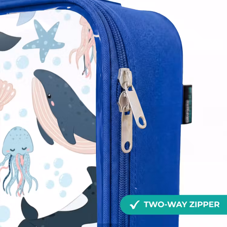 Zeedierenpatroon met walvissen, kwallen en orka's Kinderkoffer - Blauw klein -rits_EN