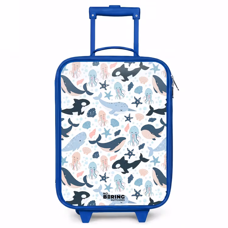 Zeedierenpatroon met walvissen, kwallen en orka's Kinderkoffer - Blauw klein -3d