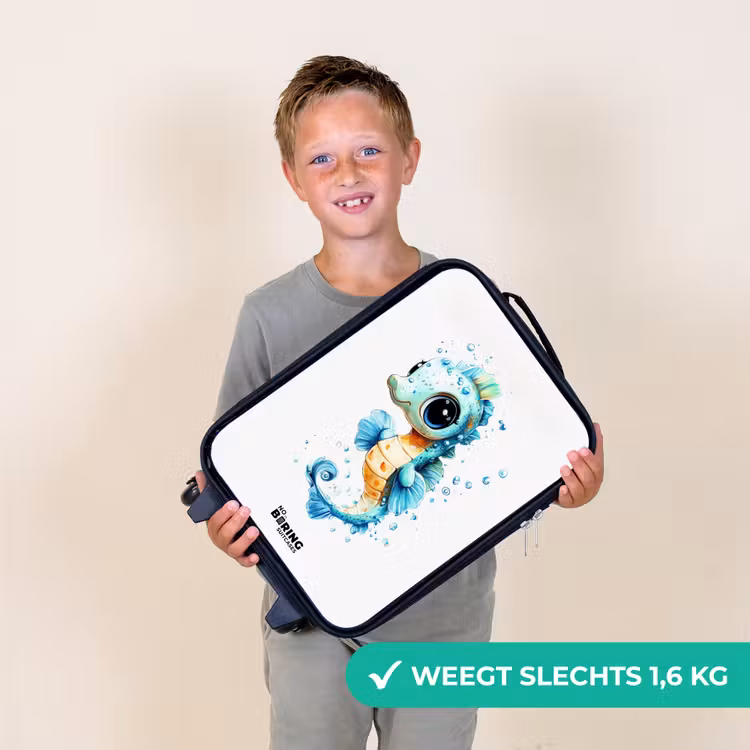 Blauw zeepaardje met grote ogen en luchtbellen Kinderkoffer - Zwart klein -sfeer4_NL