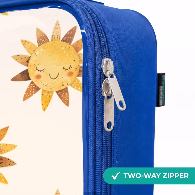 Lachende zonnetjes als patroon op beige achtergrond Kinderkoffer - Blauw klein -rits_EN
