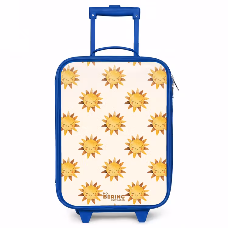Lachende zonnetjes als patroon op beige achtergrond Kinderkoffer - Blauw klein -3d