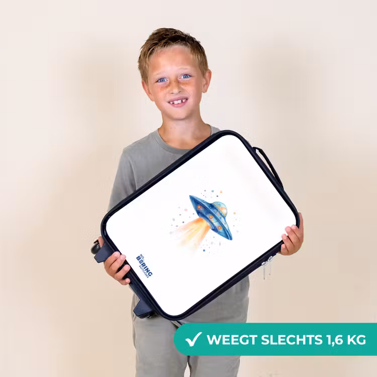 Blauw ruimteschip met lichtstraal Kinderkoffer - Zwart klein -sfeer4_NL