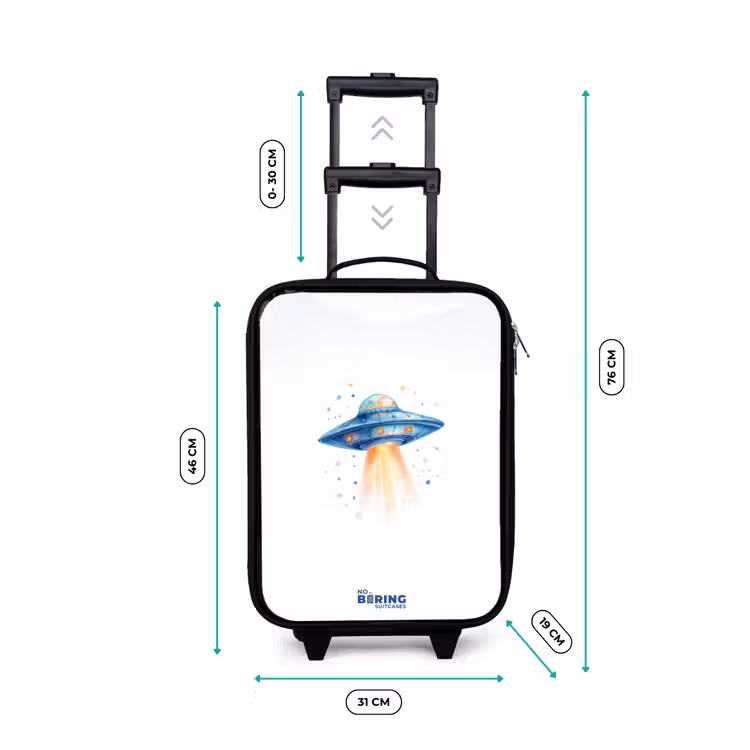 Blauw ruimteschip met lichtstraal Kinderkoffer - Zwart klein -productfoto_formaten