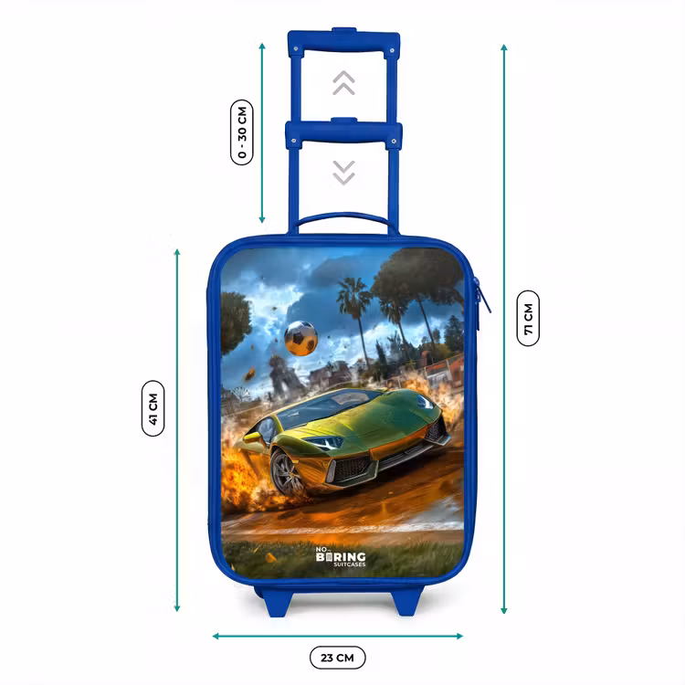 Sportauto knalt door voetbalveld met bal Kinderkoffer - Blauw klein -productfoto_formaten