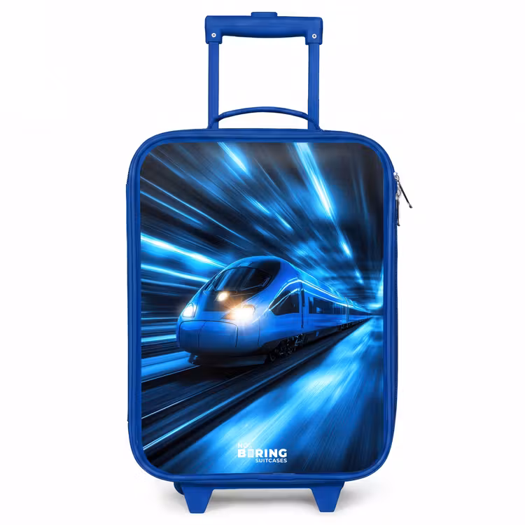 Supersnelle trein in neonblauwe tunnel Kinderkoffer - Blauw klein -3d