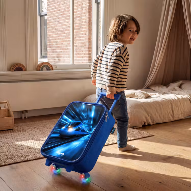 Supersnelle trein in neonblauwe tunnel Kinderkoffer - Blauw klein -sfeer1
