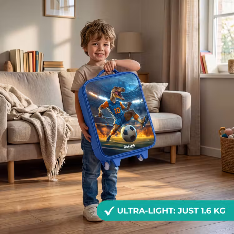 T-Rex als voetballer in vol stadion Kinderkoffer - Blauw klein -sfeer2_EN