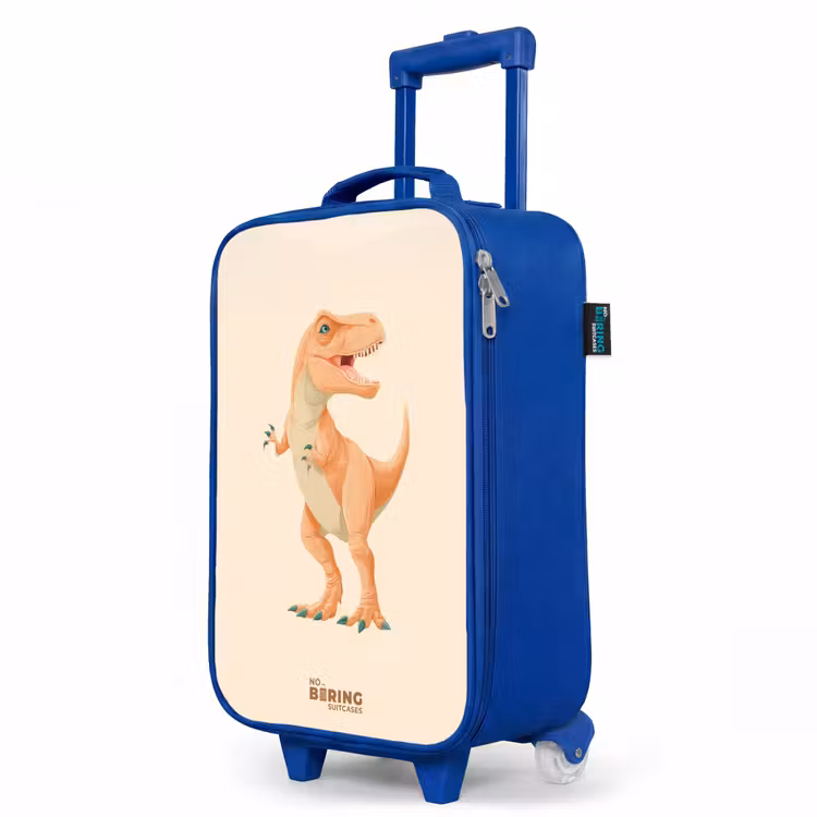 T-rex dino in oranje kleuren Kinderkoffer - Blauw klein -productfoto_schuin