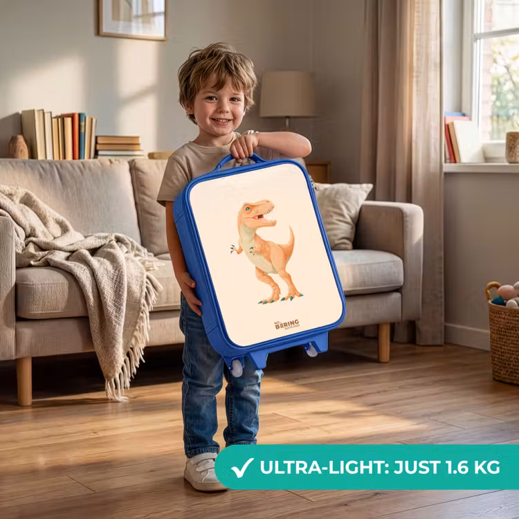 T-rex dino in oranje kleuren Kinderkoffer - Blauw klein -sfeer2_EN