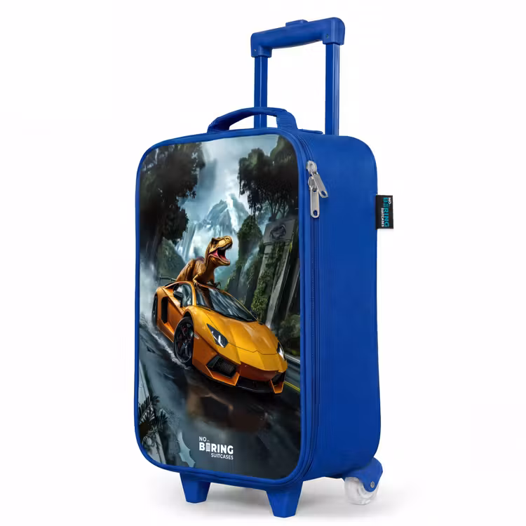T-Rex op oranje sportauto in regenachtig woud Kinderkoffer - Blauw klein -productfoto_schuin