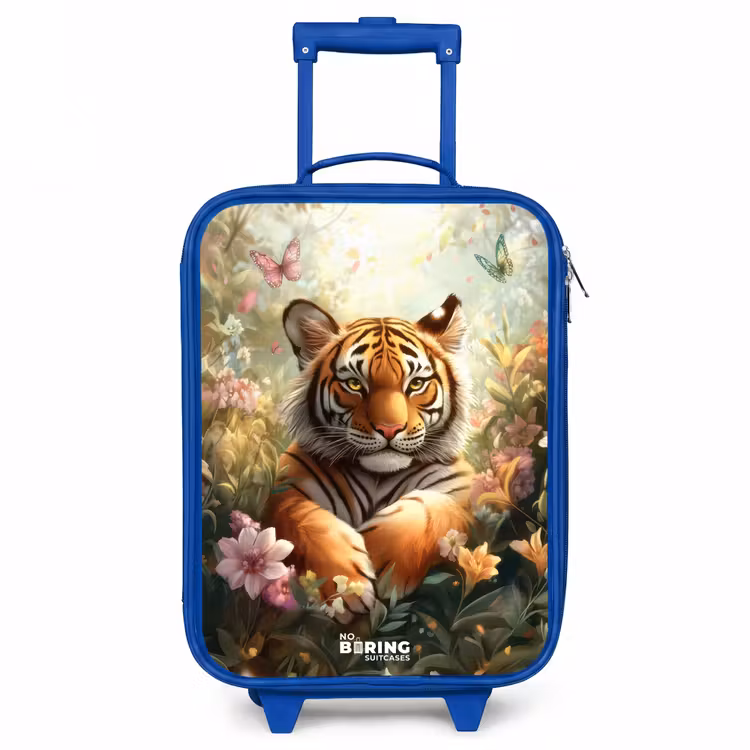Tijger in bloemenveld met vlinders en zonlicht Kinderkoffer - Blauw klein -3d