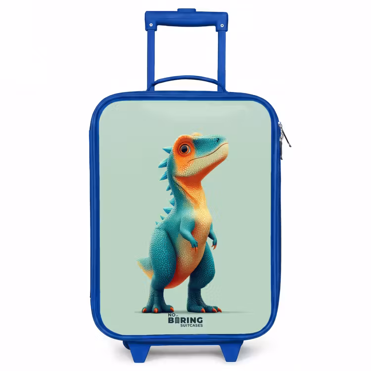 Stoere dino met grote ogen Kinderkoffer - Blauw klein -3d