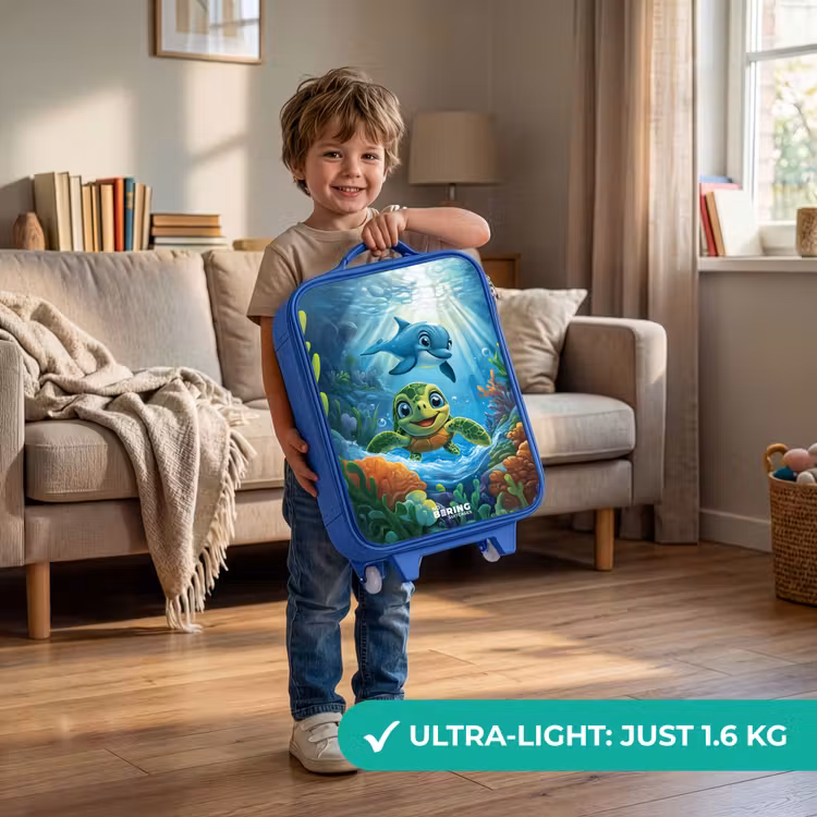 Schildpad en dolfijn in blauwe oceaan Kinderkoffer - Blauw klein -sfeer2_EN