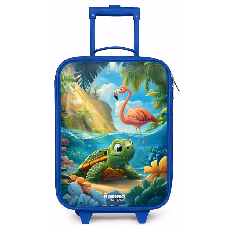 Schildpad in tropisch water met flamingo Kinderkoffer - Blauw klein -zz3dotto