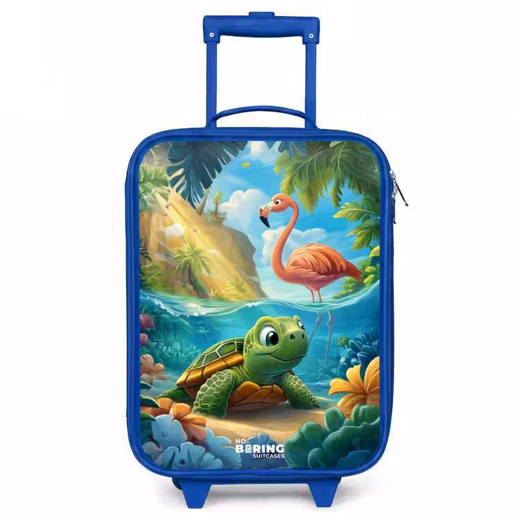Schildpad in tropisch water met flamingo Kinderkoffer - Blauw klein -3d