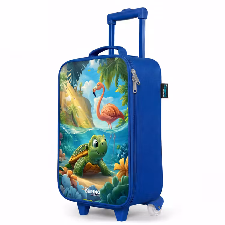 Schildpad in tropisch water met flamingo Kinderkoffer - Blauw klein -productfoto_schuin