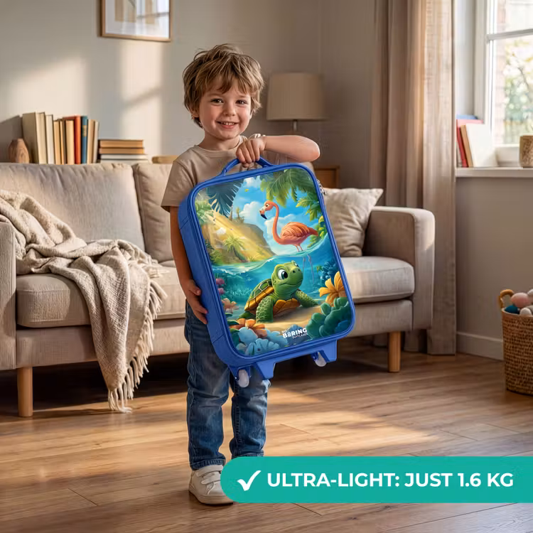 Schildpad in tropisch water met flamingo Kinderkoffer - Blauw klein -sfeer2_EN