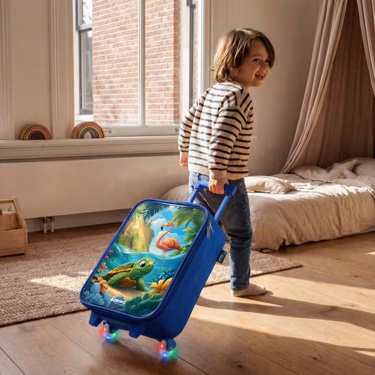 Schildpad in tropisch water met flamingo Kinderkoffer - Blauw klein -sfeer1