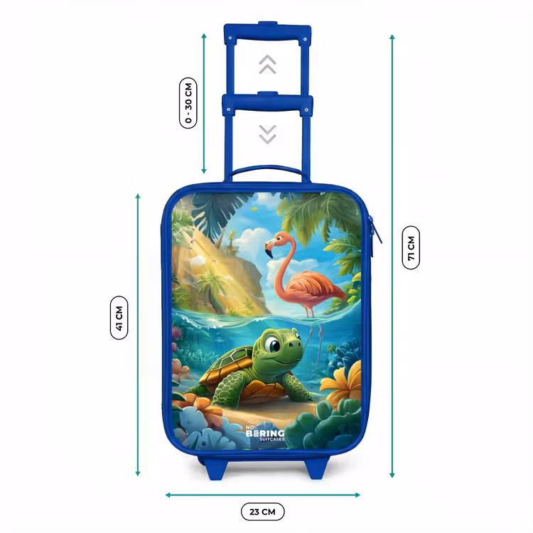 Schildpad in tropisch water met flamingo Kinderkoffer - Blauw klein -productfoto_formaten