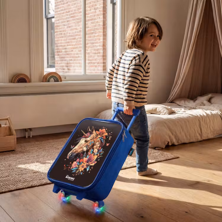 Eenhoorn en Bloemen op Zwarte Achtergrond Kinderkoffer - Blauw klein -sfeer1