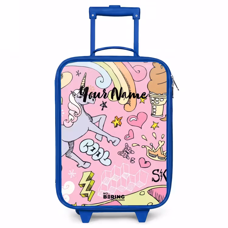Unicorn doodles Kinderkoffer - Blauw klein -3d
