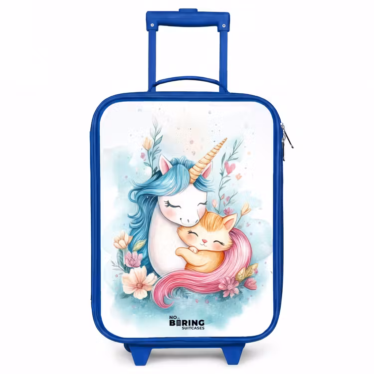 Eenhoorn met blauwe manen en oranje kitten Kinderkoffer - Blauw klein -3d
