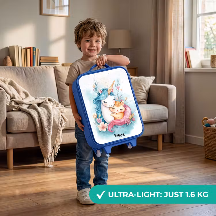 Eenhoorn met blauwe manen en oranje kitten Kinderkoffer - Blauw klein -sfeer2_EN