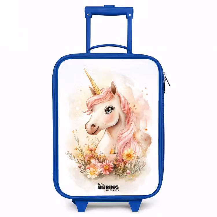 Eenhoorn met roze manen tussen pastelbloemen Kinderkoffer - Blauw klein -3d