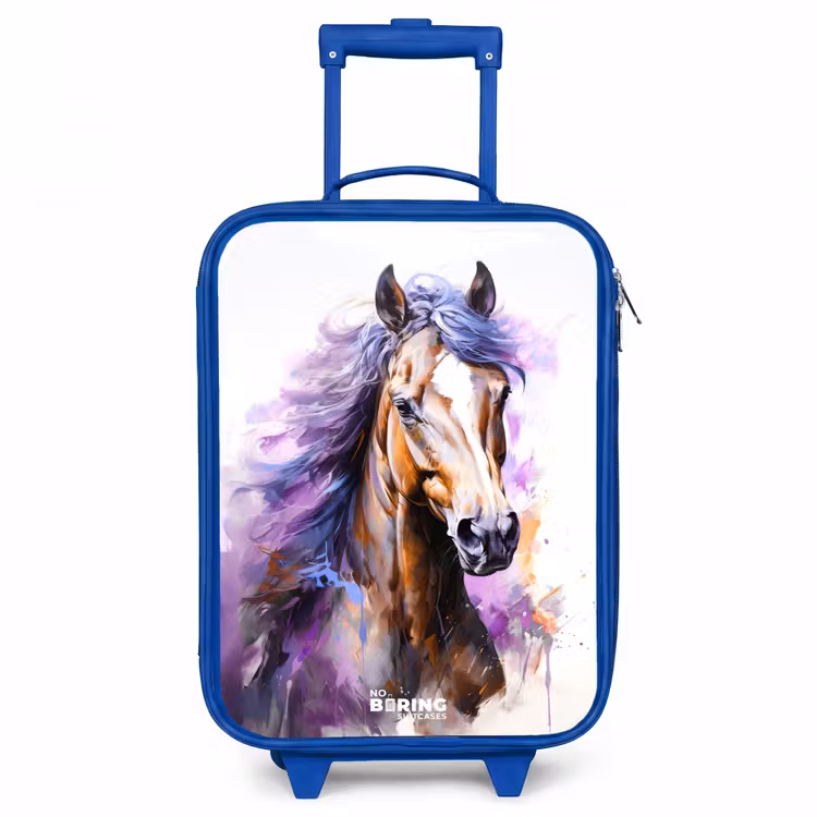 Aquarel paard met paarse manen Kinderkoffer - Blauw klein -3d