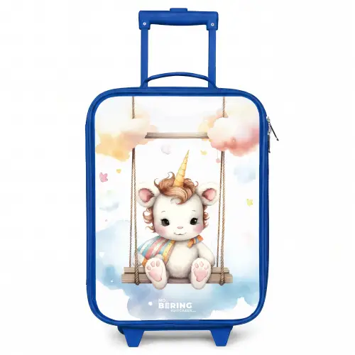 Witte baby eenhoorn op een schommel in de wolken Kinderkoffer - Blauw klein -3d