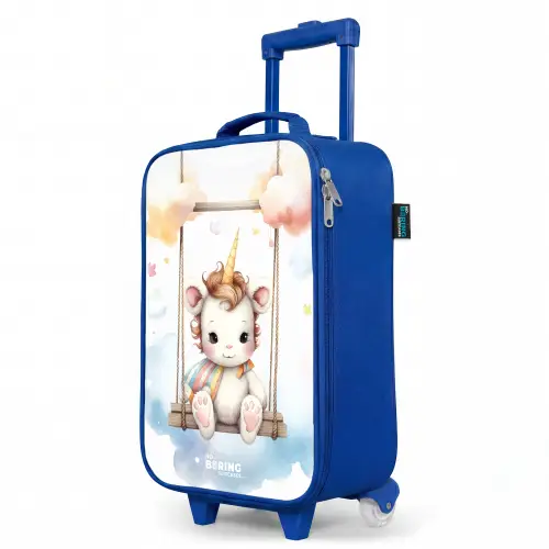 Witte baby eenhoorn op een schommel in de wolken Kinderkoffer - Blauw klein -productfoto_schuin