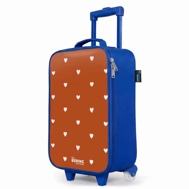 Wit hartjespatroon op oranje bruine achtergrond Kinderkoffer - Blauw klein -productfoto_schuin