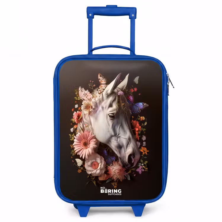 Wit paardenhoofd tussen kleurrijke bloemenkrans Kinderkoffer - Blauw klein -3d