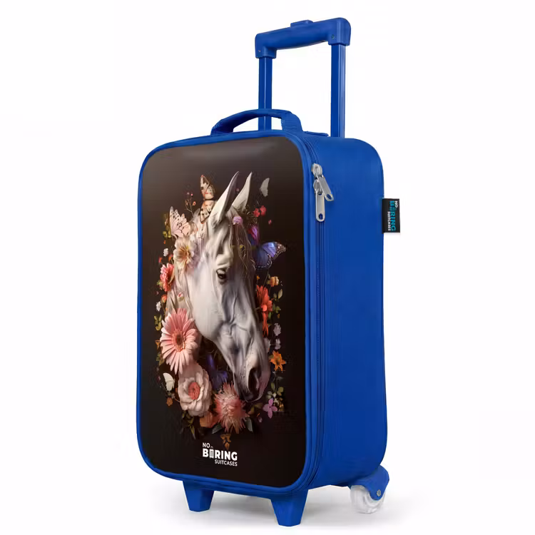 Wit paardenhoofd tussen kleurrijke bloemenkrans Kinderkoffer - Blauw klein -productfoto_schuin