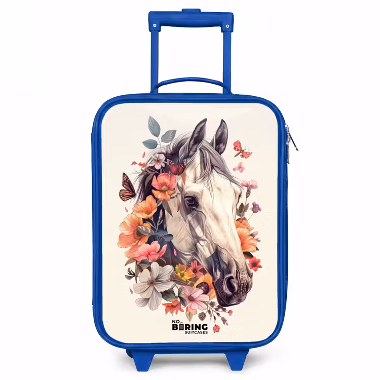 Wit paardenhoofd omringd door bloemen en vlinders Kinderkoffer - Blauw klein -3d